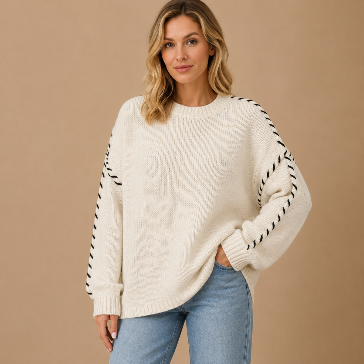 Iwona | Sweter damski oversize z kontrastowym przeszyciem