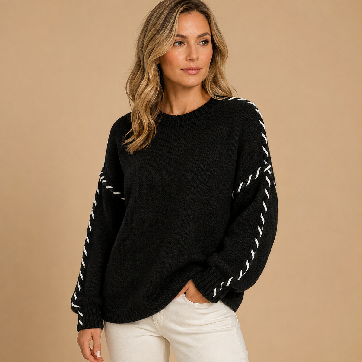 Iwona | Sweter damski oversize z kontrastowym przeszyciem