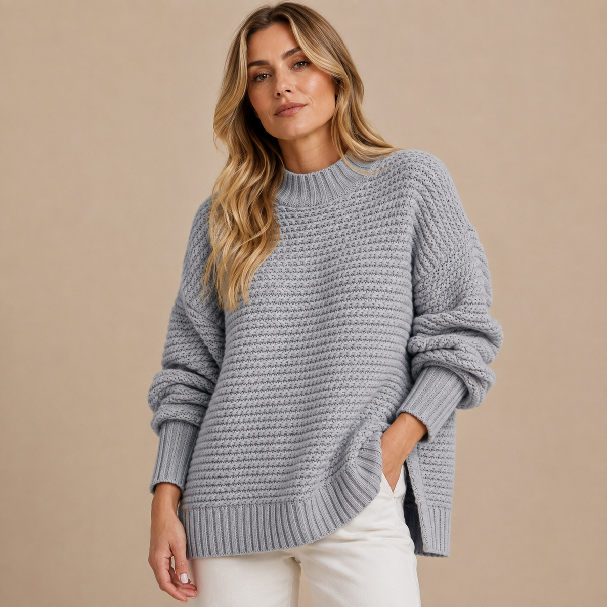 Damski sweter oversize z grubym splotem i bocznymi rozcięciami
