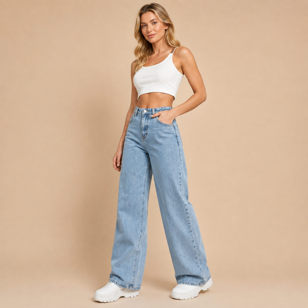 Damskie jeansy wide leg z wysokim stanem i szeroką nogawką