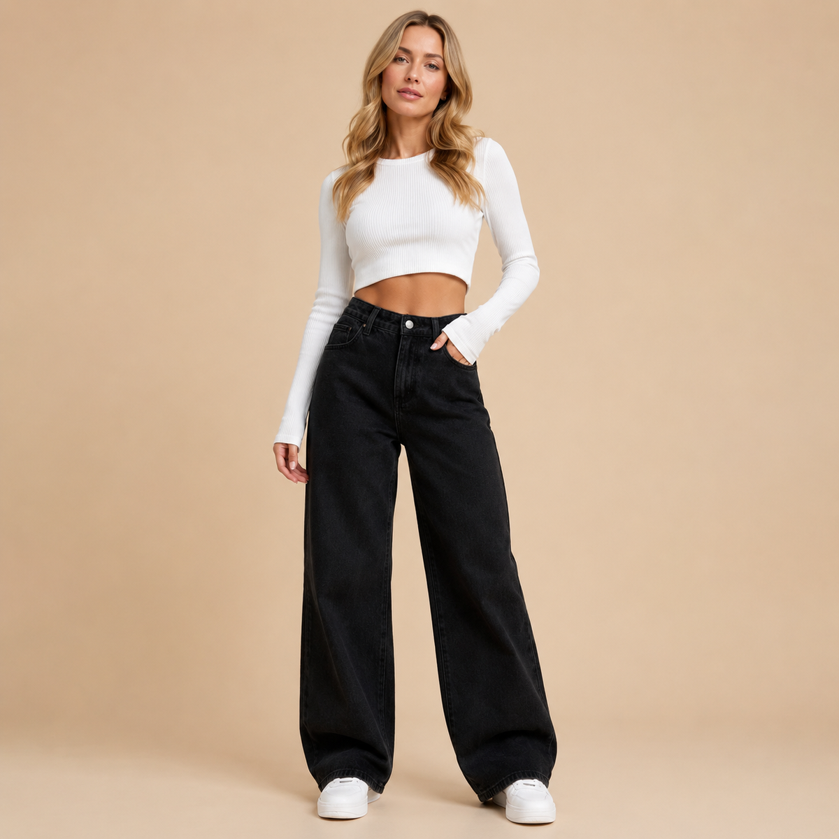 Damskie jeansy wide leg z wysokim stanem i szeroką nogawką