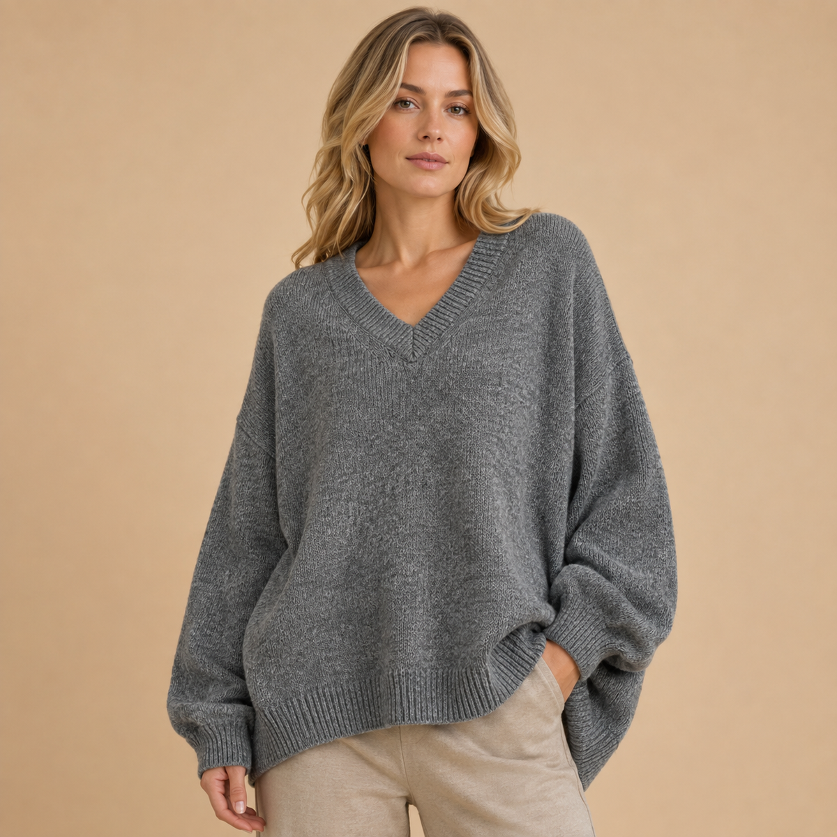 Damski sweter oversize z dekoltem w serek o luźnym kroju