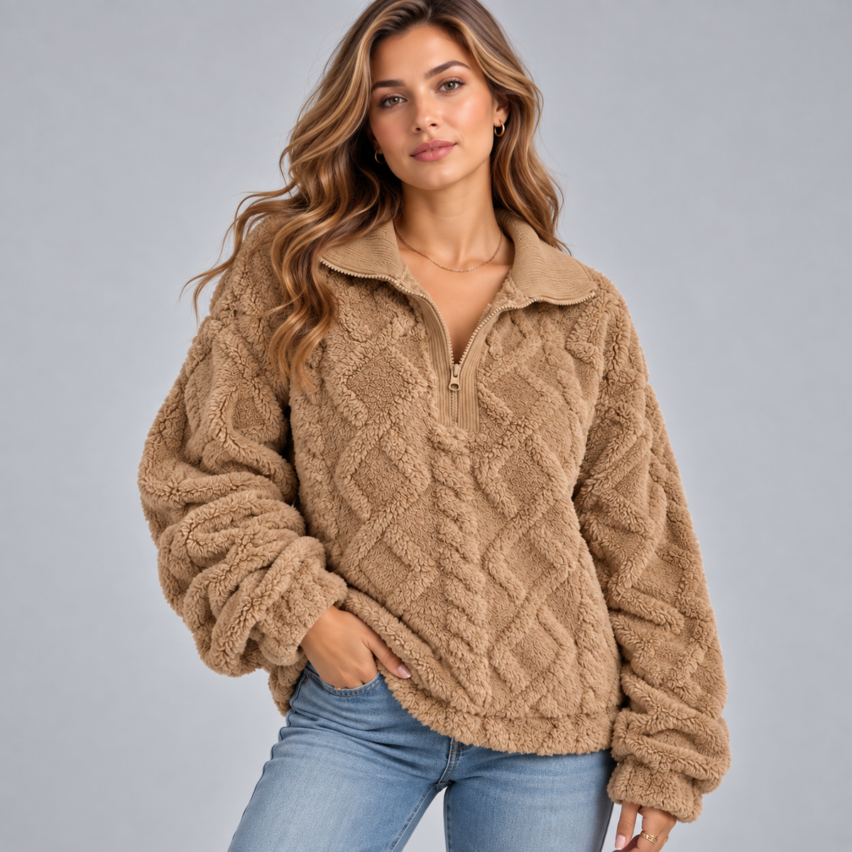 Damska bluza teddy z krótkim zamkiem i fasonem oversize