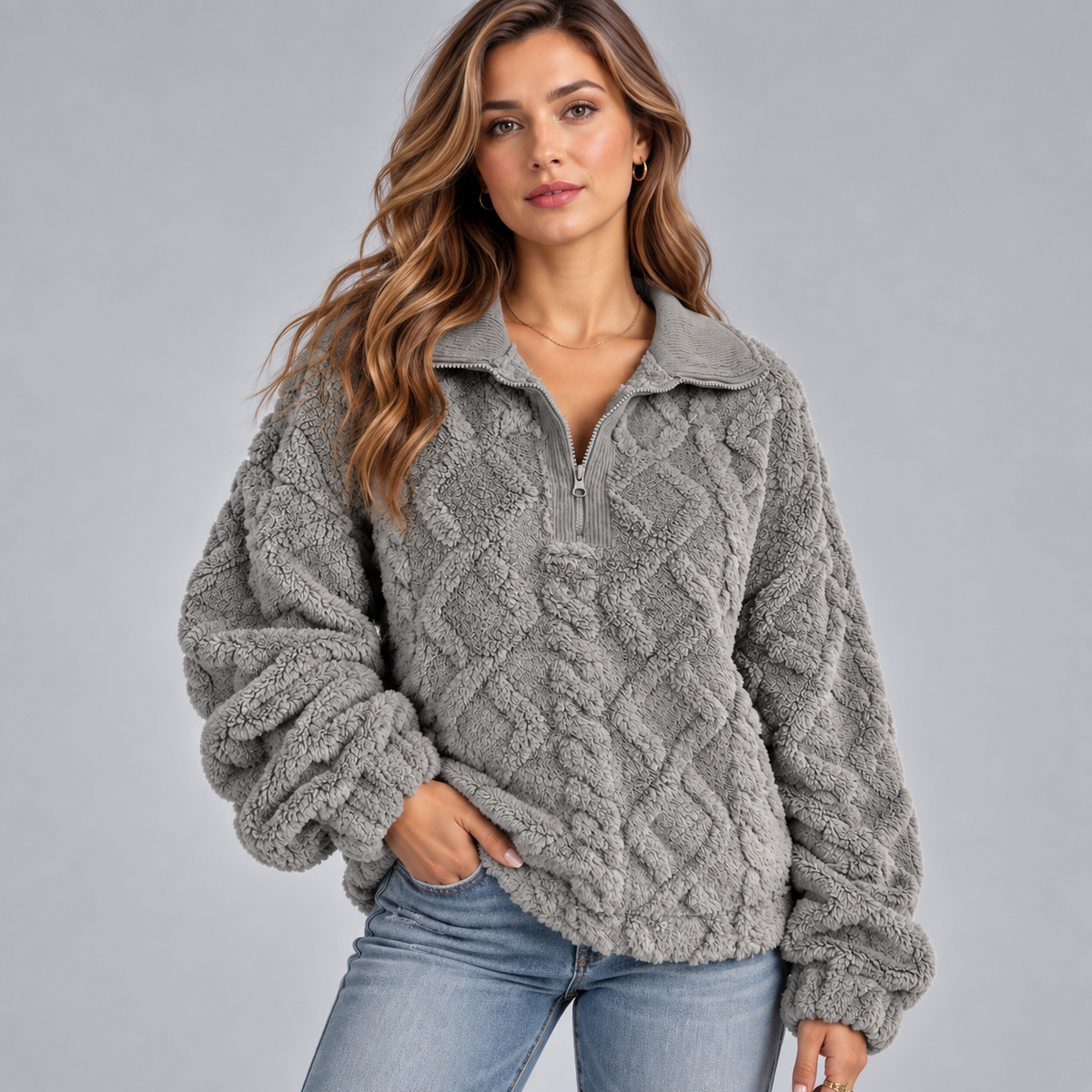 Damska bluza teddy z krótkim zamkiem i fasonem oversize