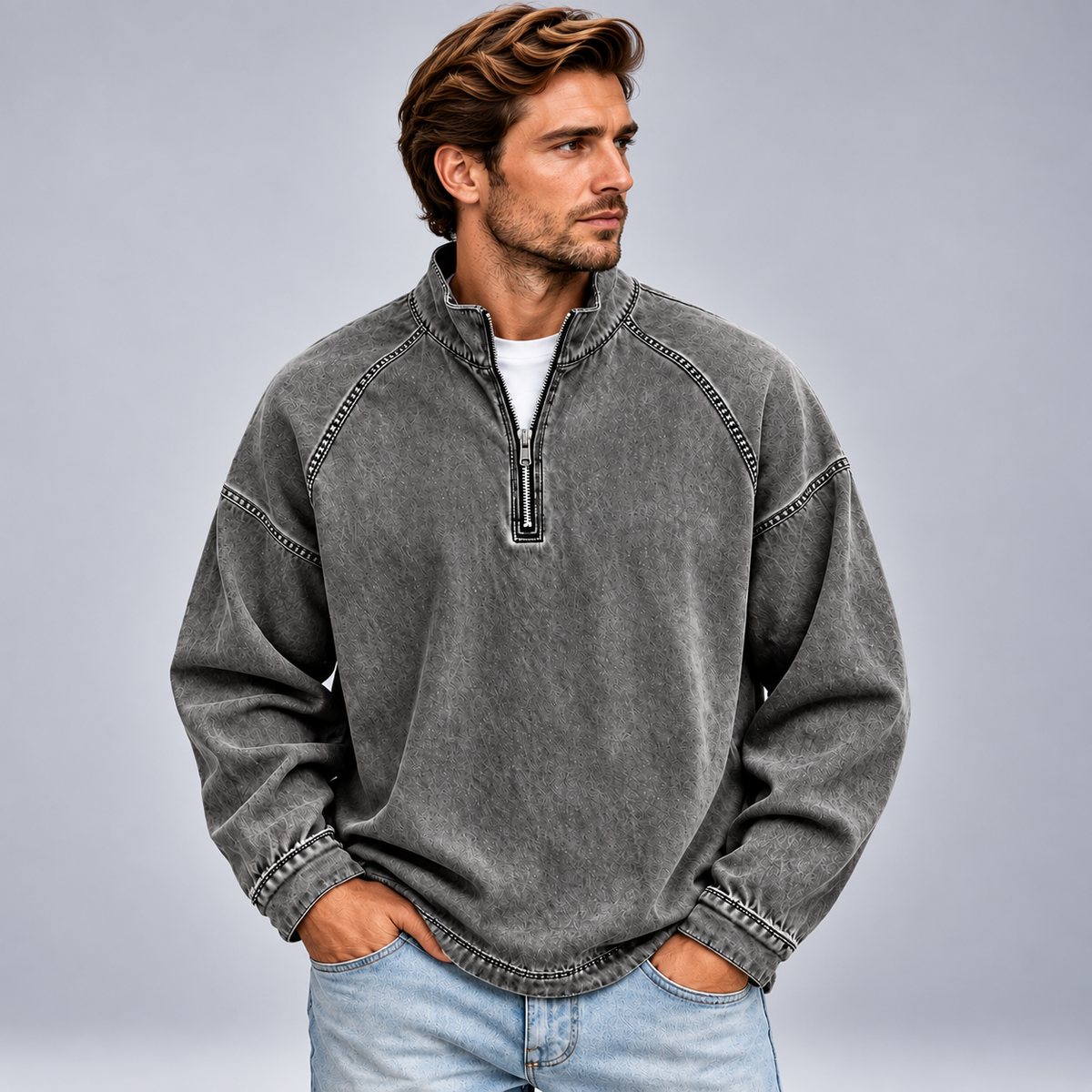 Męska bluza half zip ze stójką o luźnym kroju