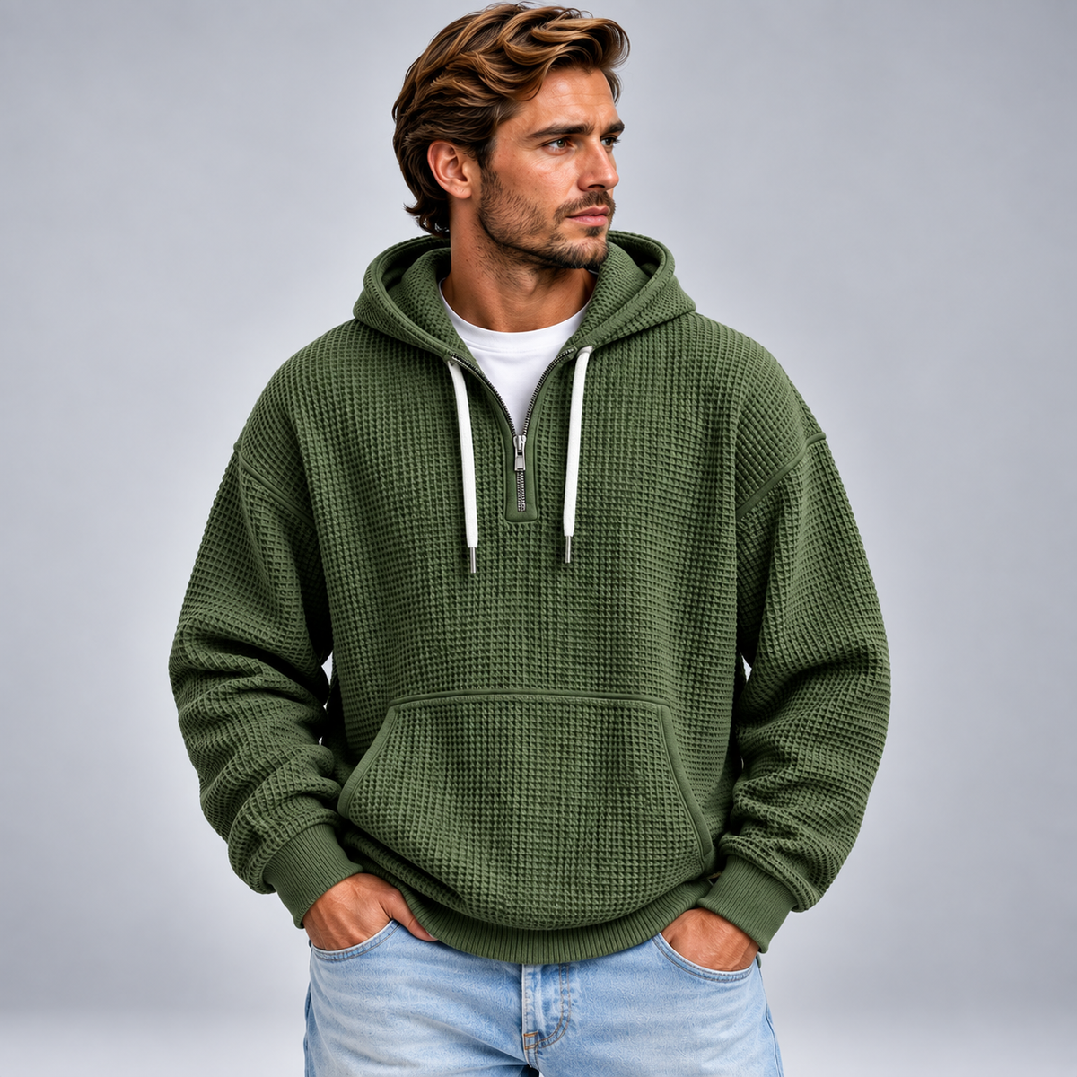 Męska bluza z kapturem half zip o fakturowanej powierzchni