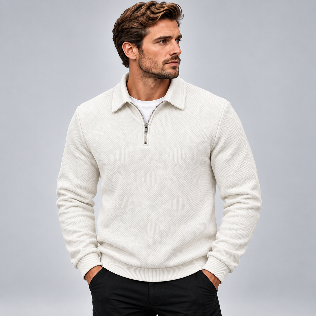 Męski sweter polo z krótkim zamkiem i strukturalnym wzorem