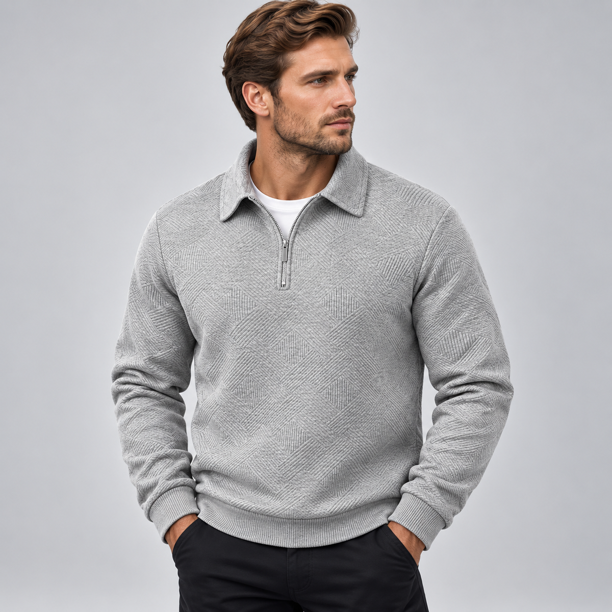 Męski sweter polo z krótkim zamkiem i strukturalnym wzorem