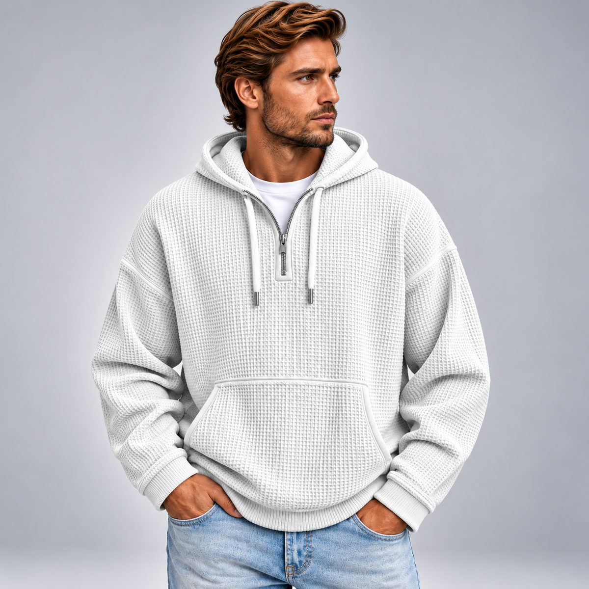 Męska bluza z kapturem half zip o fakturowanej powierzchni