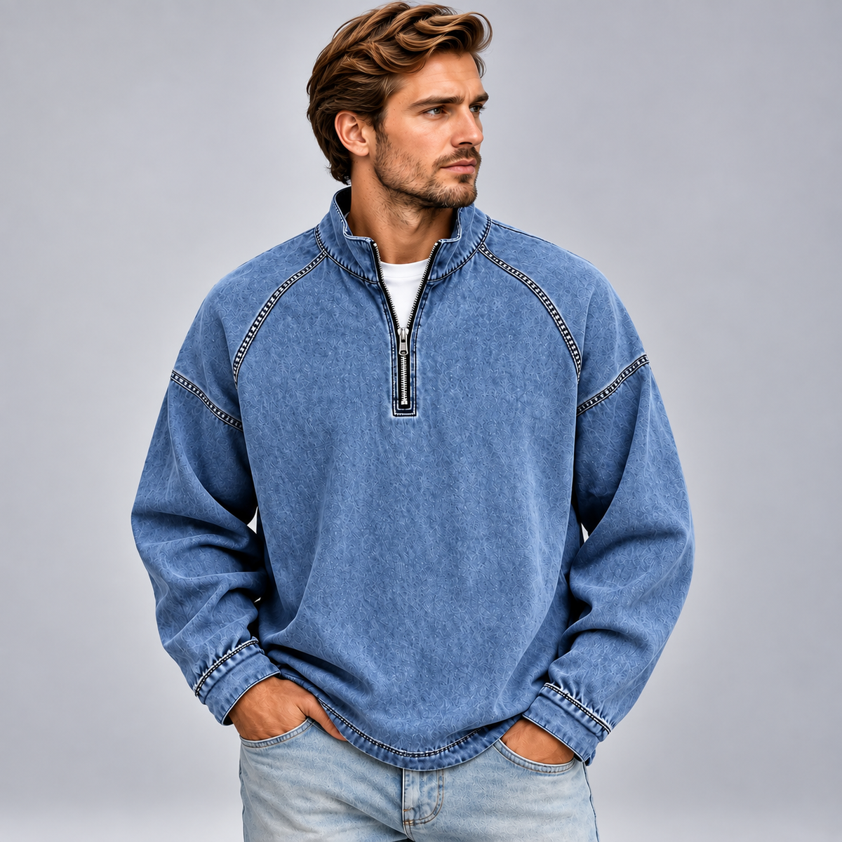 Męska bluza half zip ze stójką o luźnym kroju