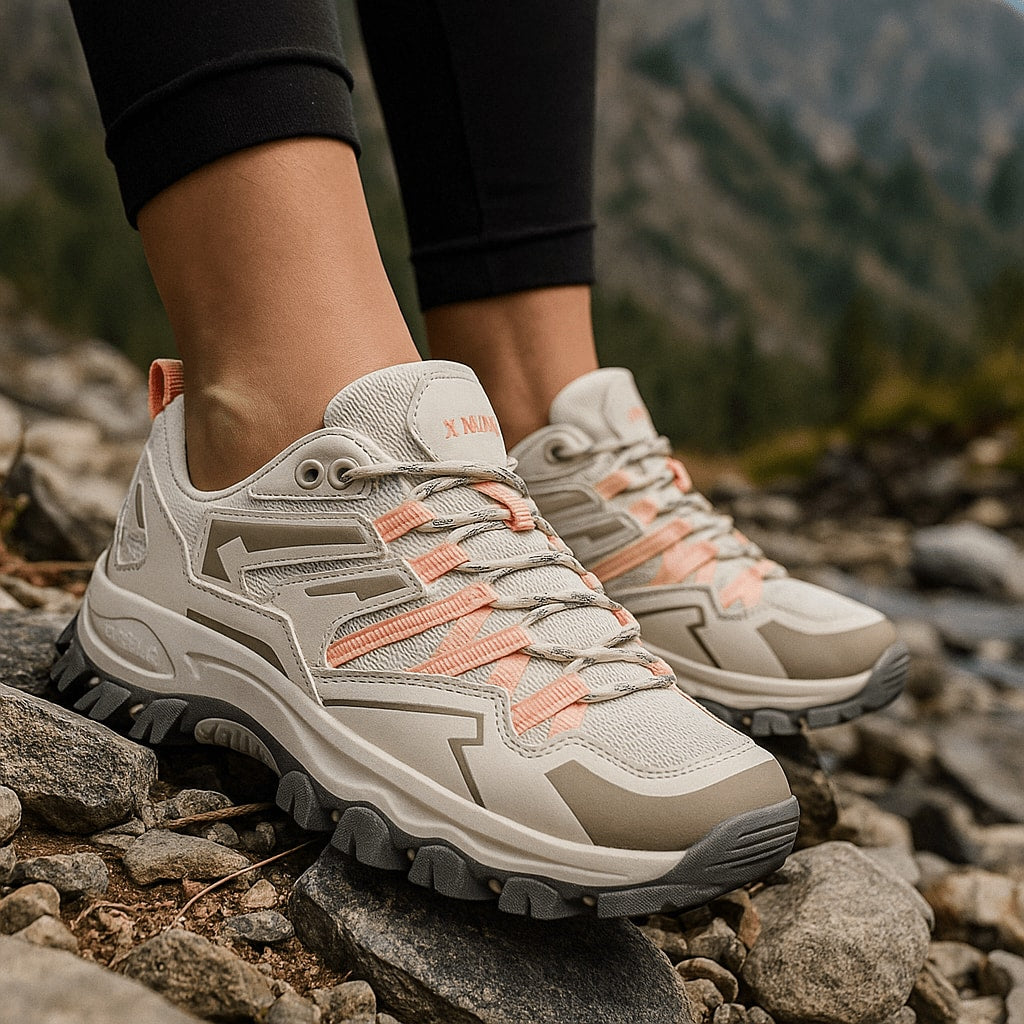 Buty trekkingowe damskie w beżowym kolorze z pomarańczowymi akcentami na górskim szlaku