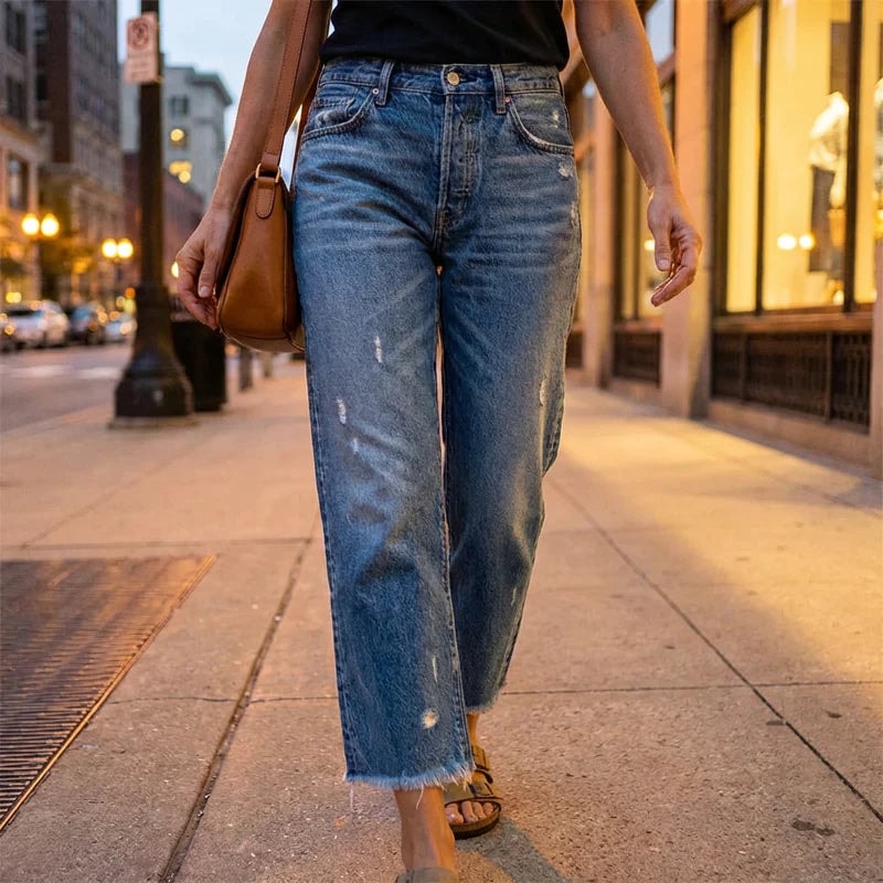 Jeansy damskie 7/8 w jasnym odcieniu denimu na miejskiej ulicy
