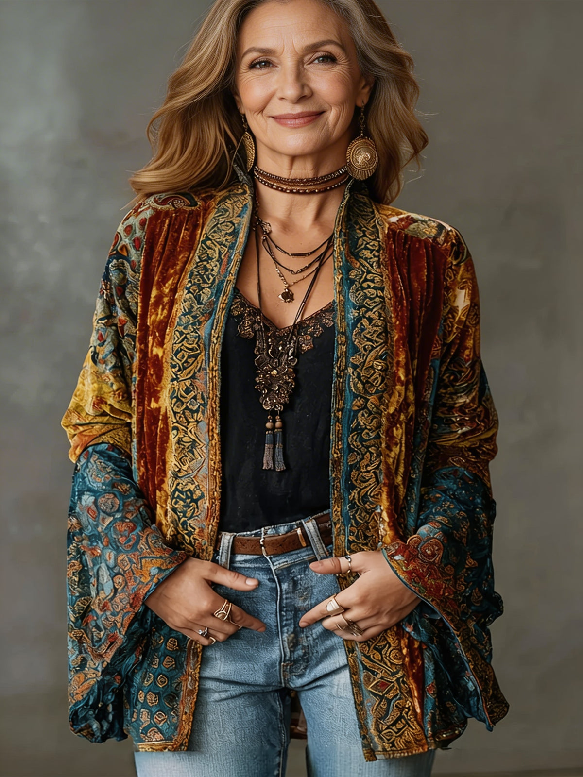 Kimono damskie boho w bordowych kolorach z orientalnym wzorem, stylizacja z jeansami