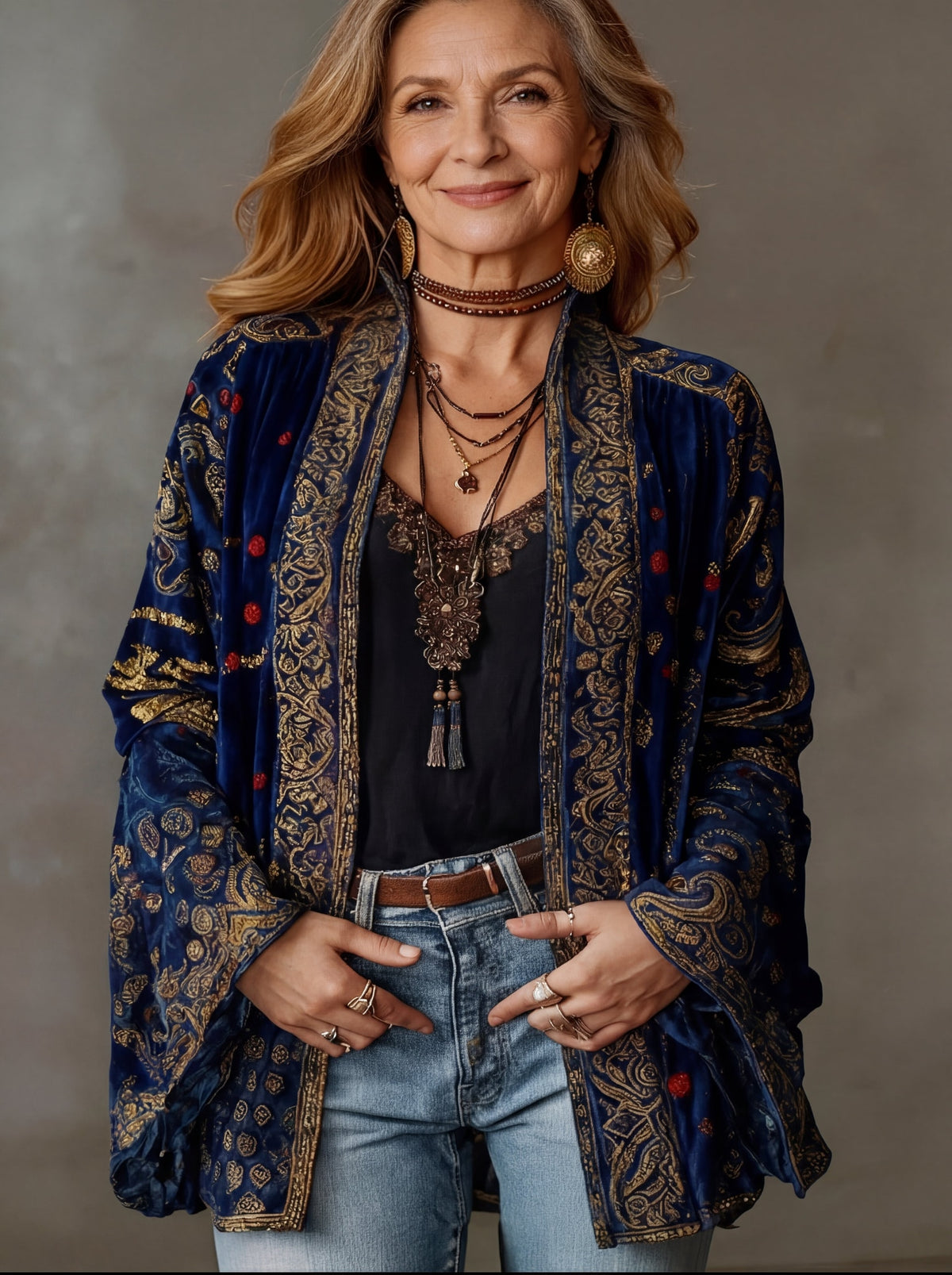 Granatowe kimono damskie boho ze złotym wzorem, stylizacja z jeansami