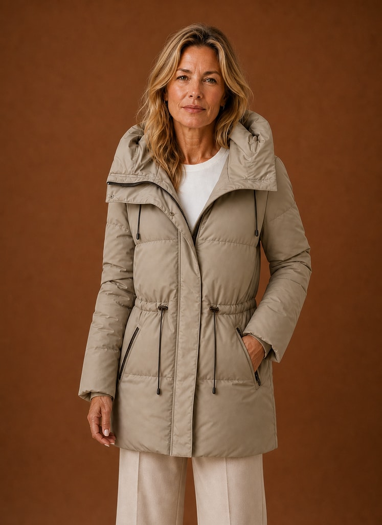 Kurtka zimowa damska pikowana z kapturem i wysokim kołnierzem, widok z przodu