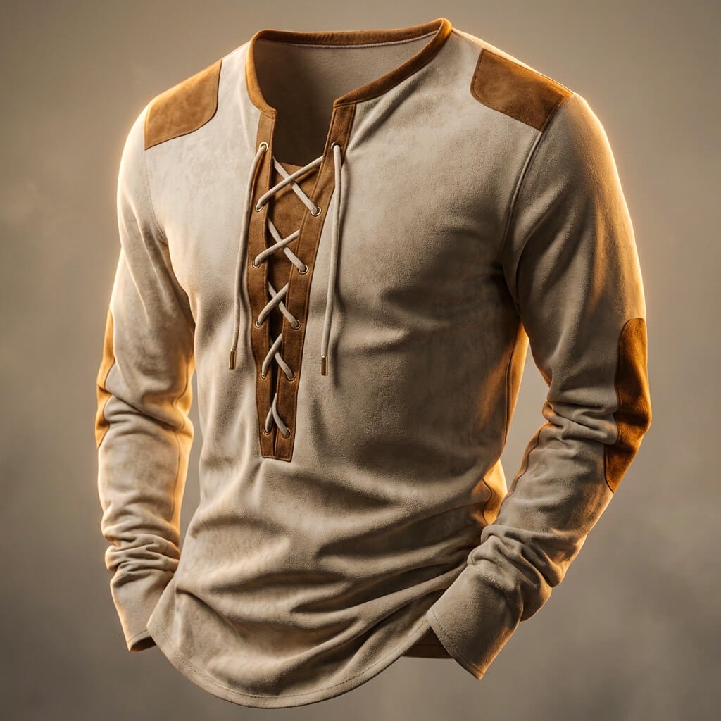 Beżowy longsleeve męski z wiązaniem przy dekolcie i brązowymi wstawkami