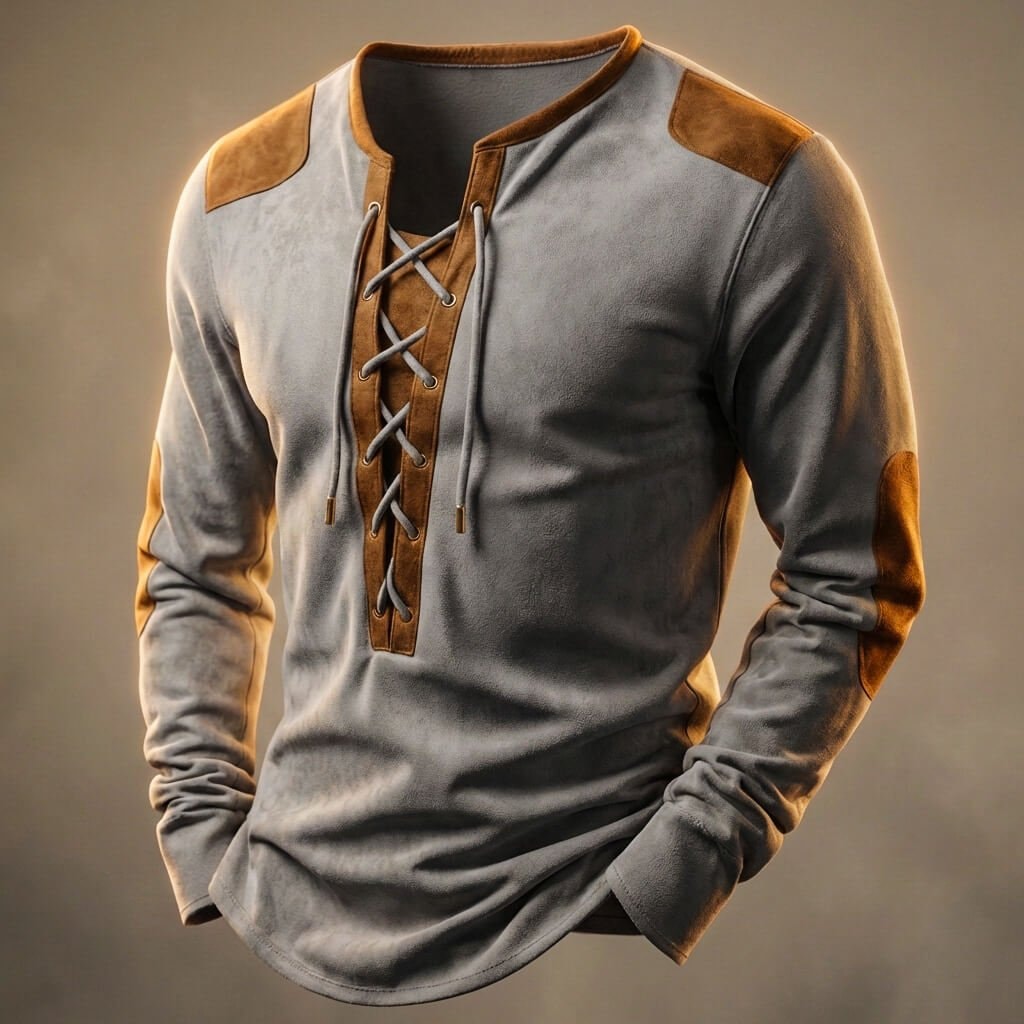 Szary longsleeve męski z wiązaniem przy dekolcie i brązowymi wstawkami