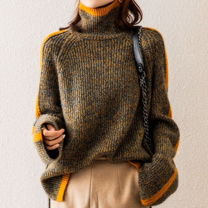 Sweter damski z golfem z dzianiny merino w melanżowym kolorze z pomarańczowymi paskami