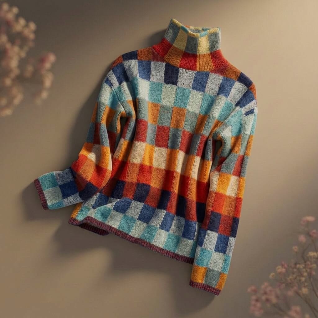 Kolorowy sweter damski merino z półgolfem w kratę, ułożony na beżowym tle