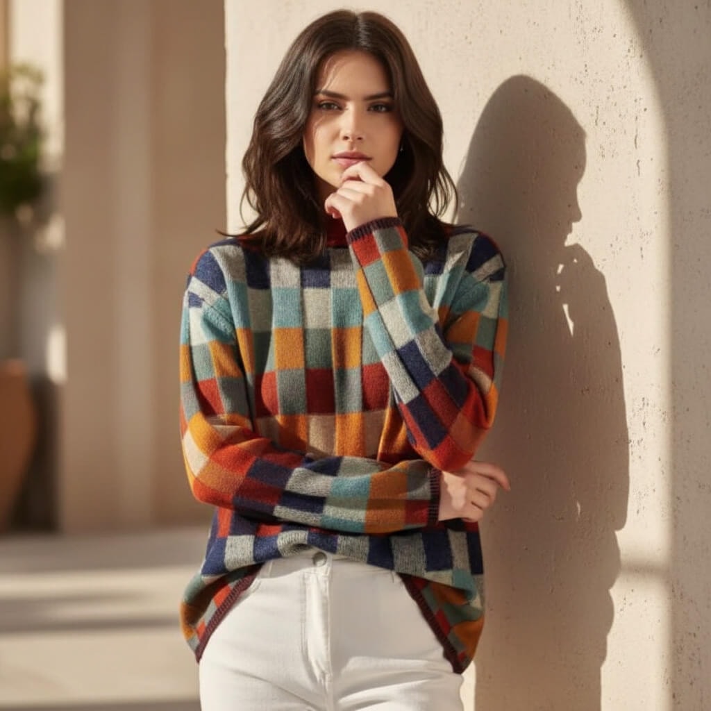 Sweter damski merino w kolorową kratę, stylizacja z białymi spodniami
