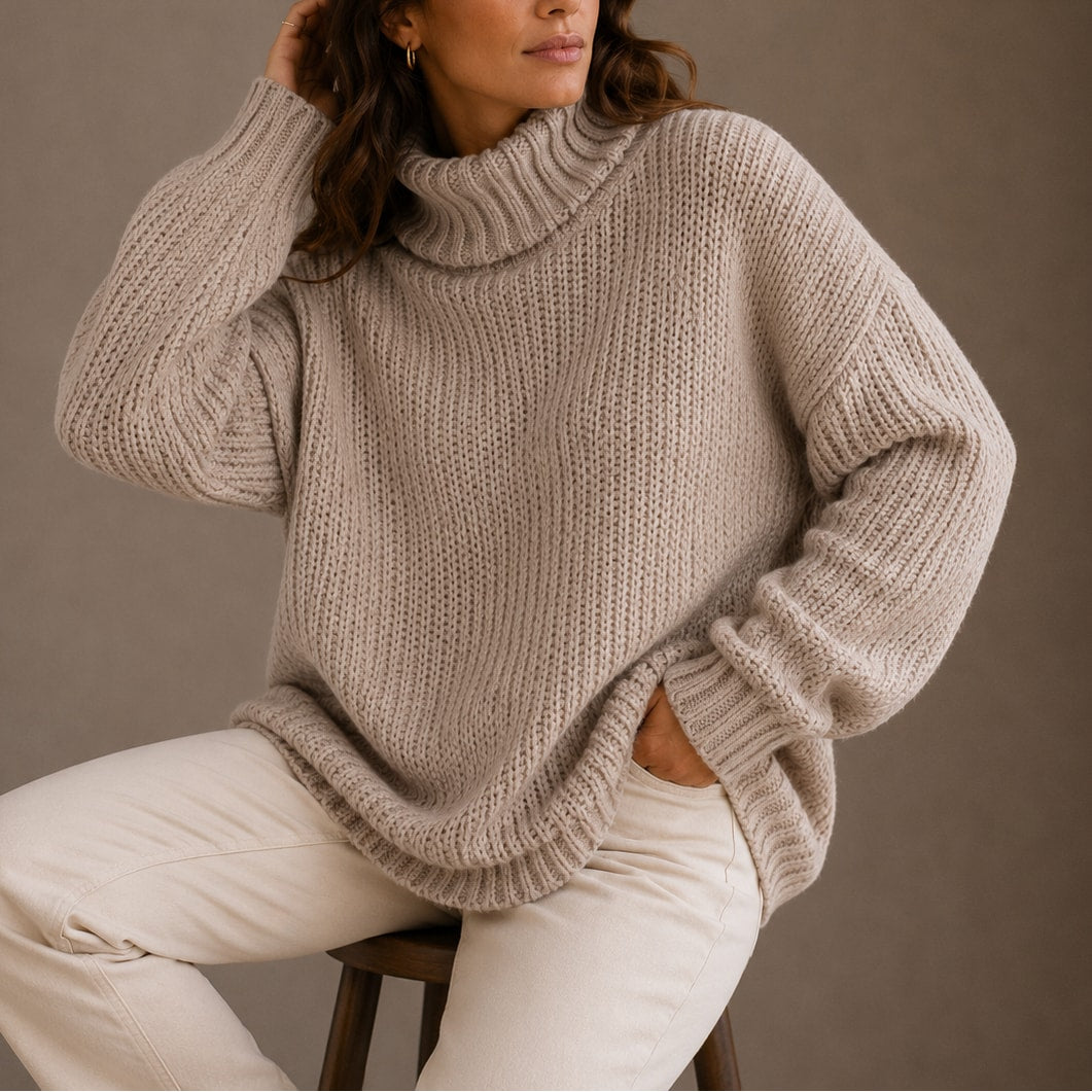 Sweter damski oversize z golfem z grubej dzianiny