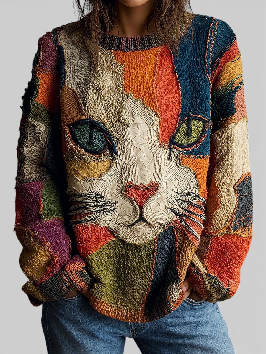 Sweter z kotem damski widok z przodu w stylu patchwork