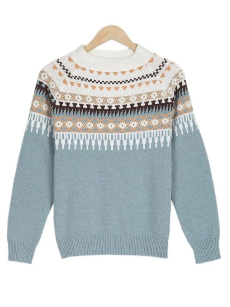 Sweter damski z okrągłym dekoltem we wzór norweski