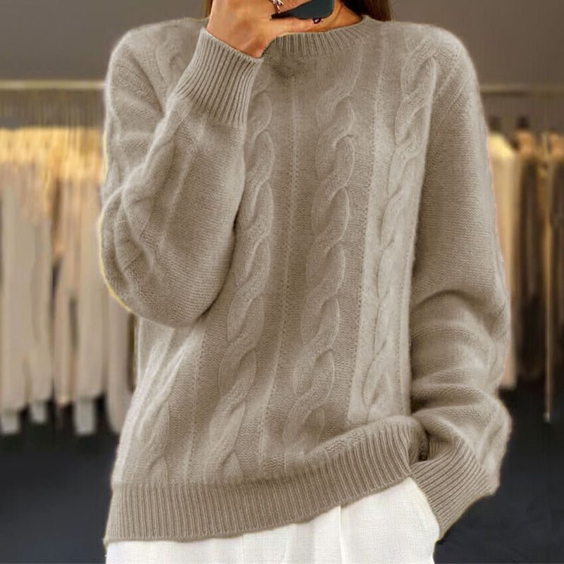 Khaki sweter damski z warkoczowym splotem i ściągaczami