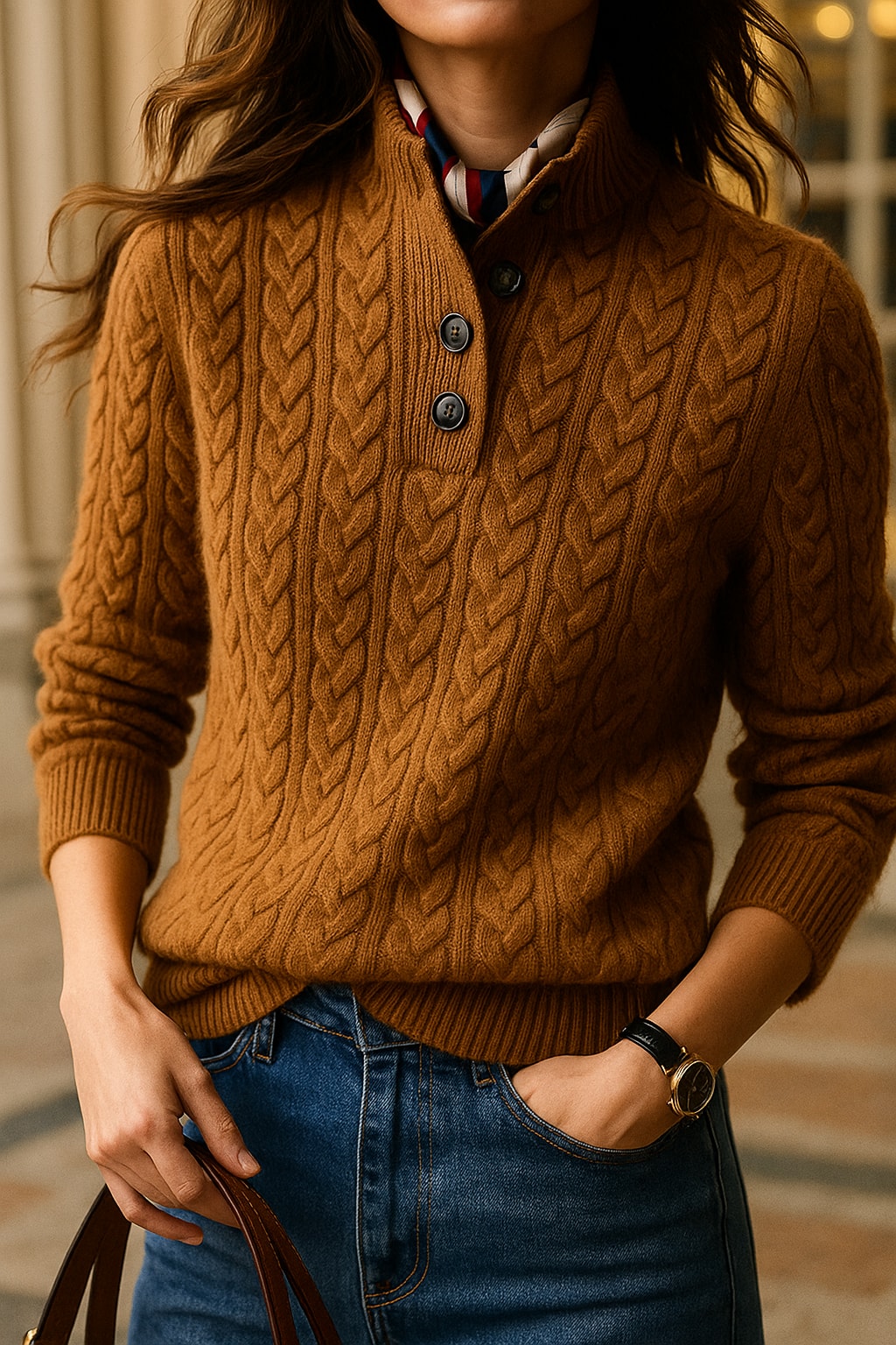Sweter damski z warkoczowym splotem w stylizacji z jeansami