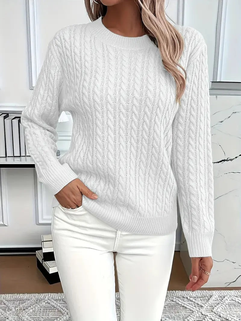 Sweter damski z warkoczowym splotem z okrągłym dekoltem