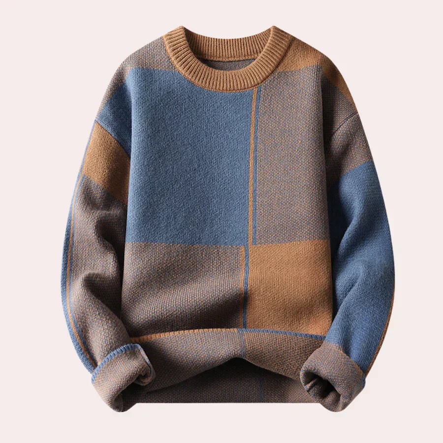 Khaki i niebieski sweter męski w bloki kolorów