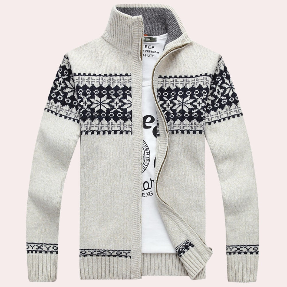 Sweter męski rozpinany ze stójką i norweskim wzorem