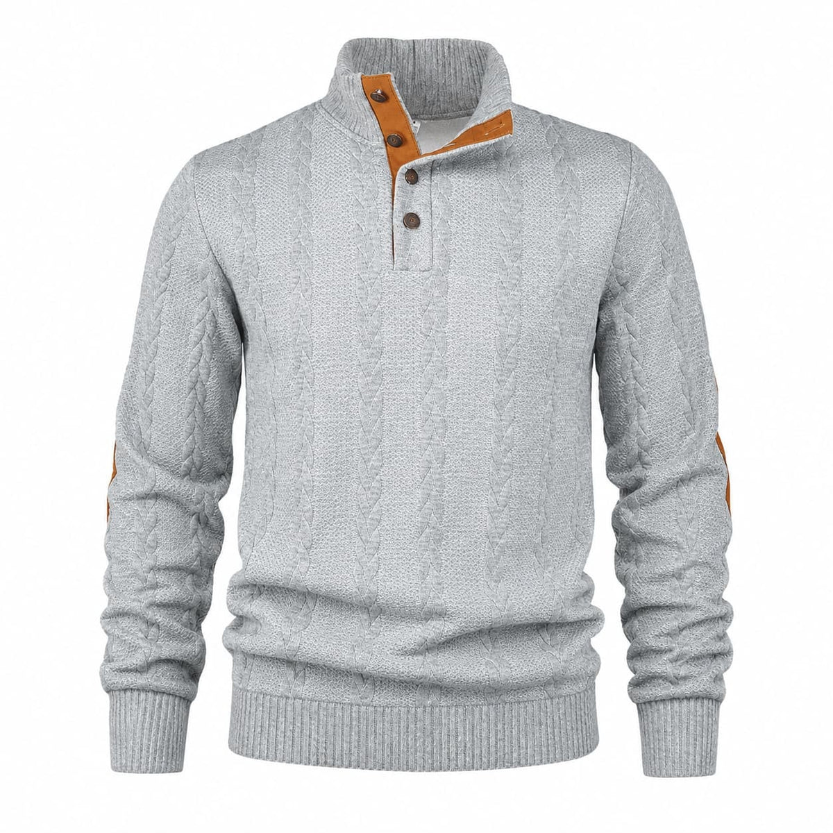 Sweter męski z warkoczowym splotem i stójką na guziki
