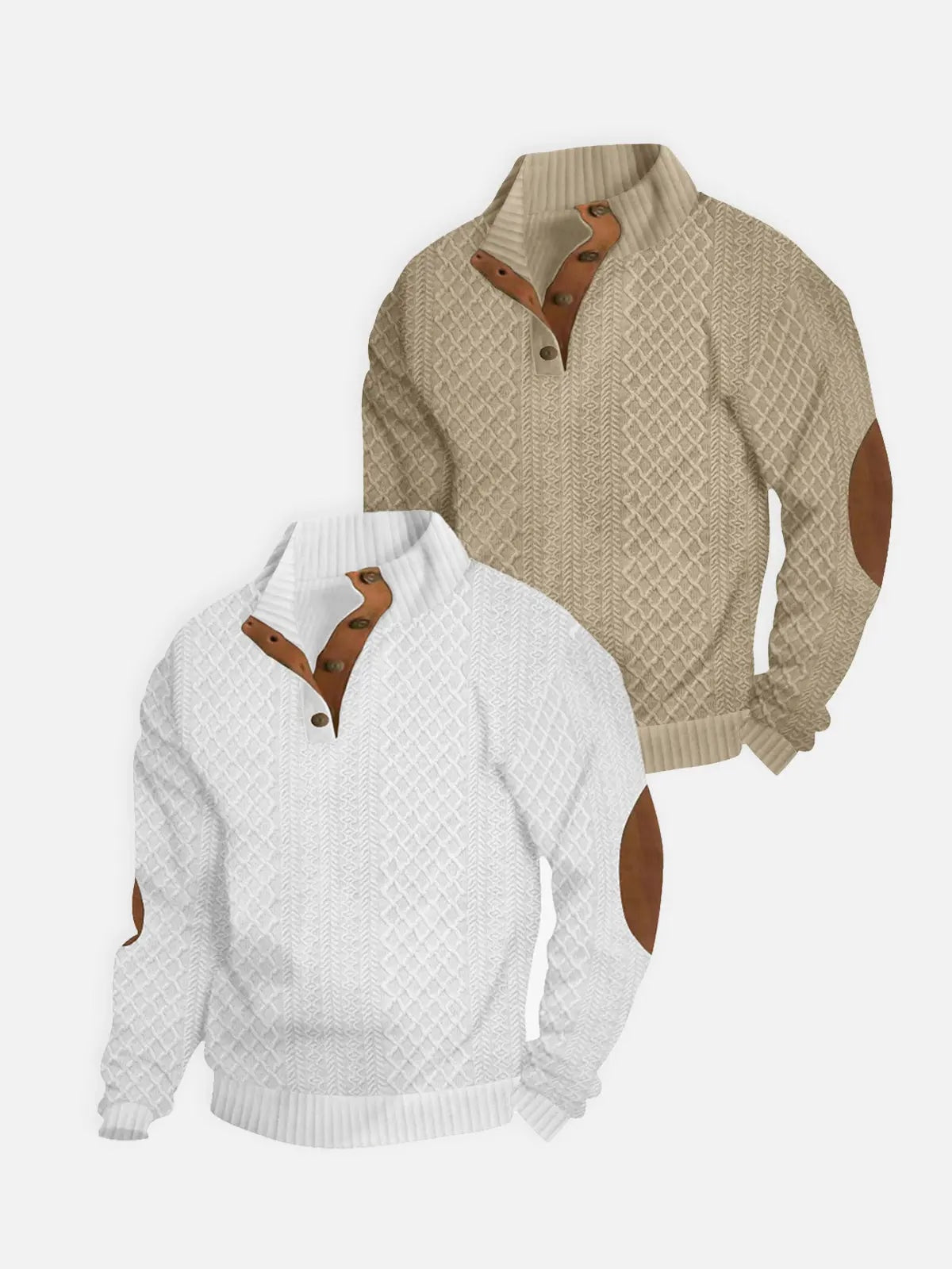 Sweter męski ze stójką warkoczowy z łatami na łokciach
