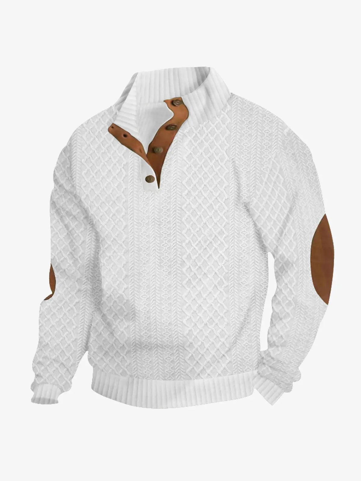 Sweter męski ze stójką warkoczowy z łatami na łokciach