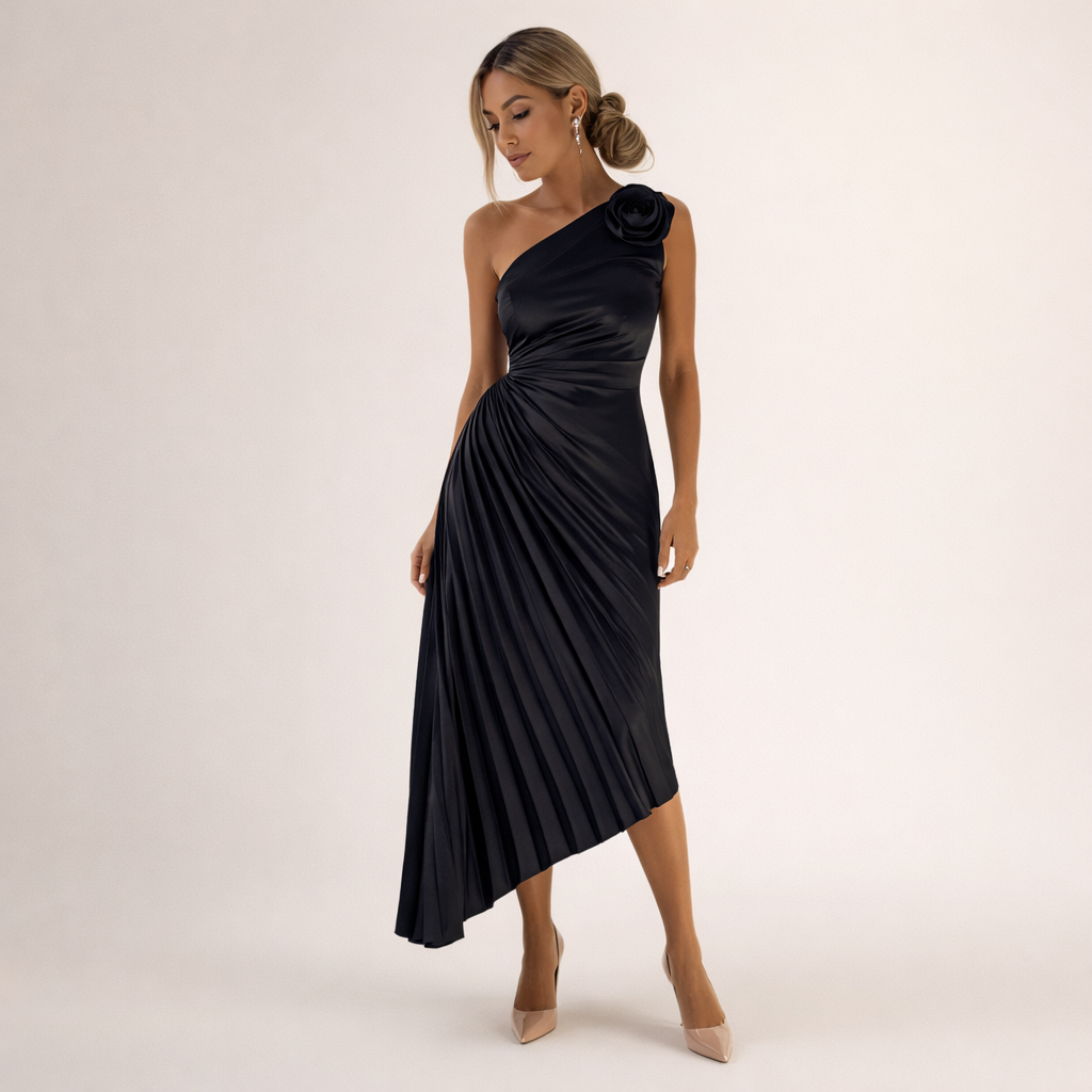 Mandy | Elegancka plisowana jesienna sukienka na jedno ramię