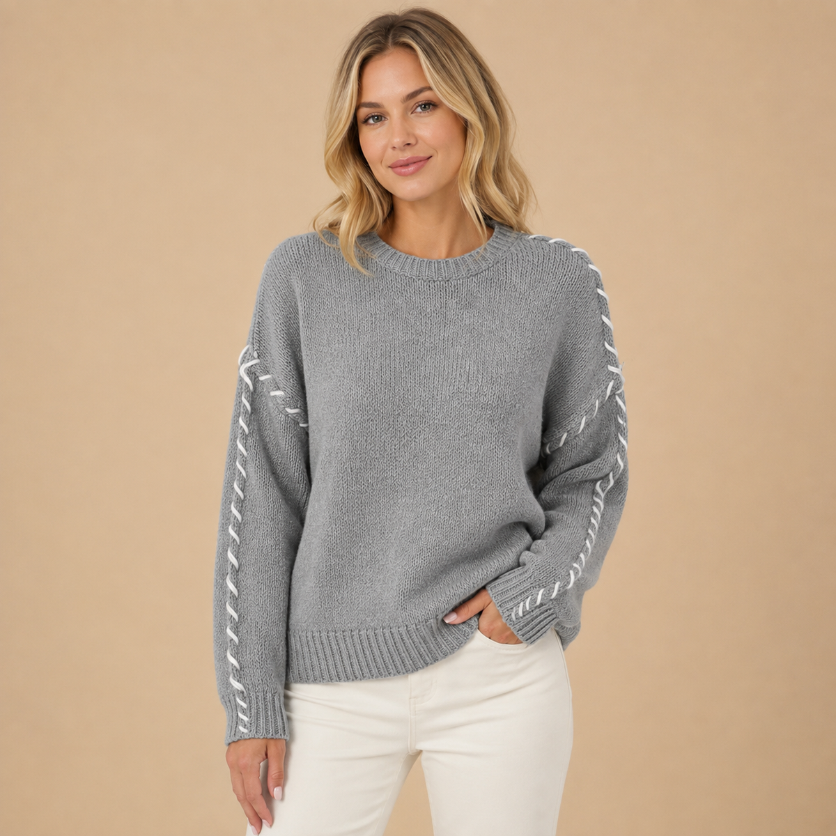 Iwona | Sweter damski oversize z kontrastowym przeszyciem