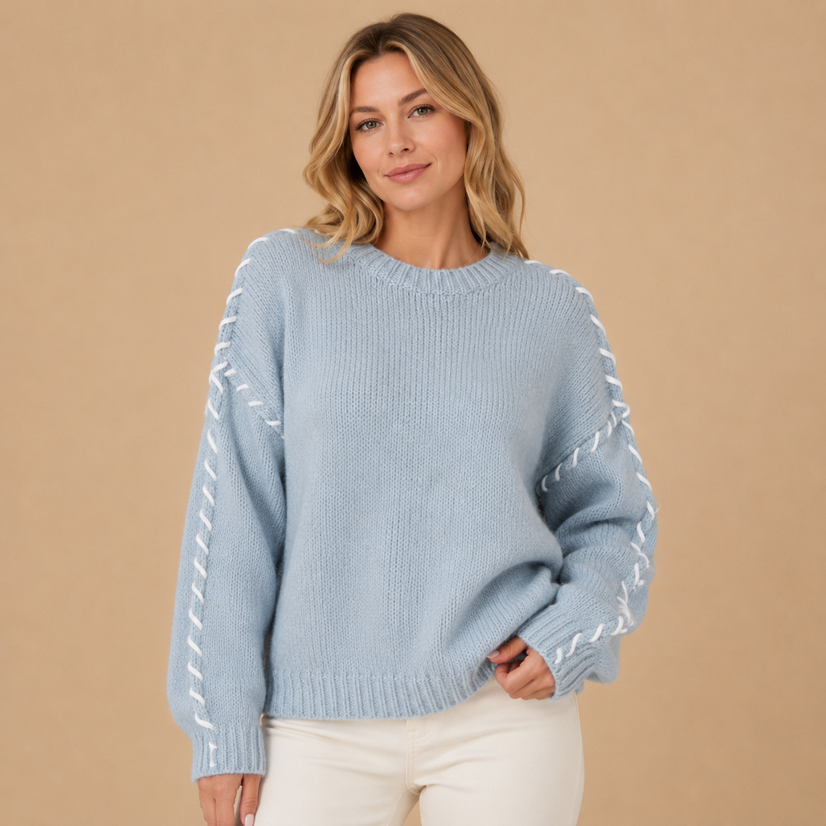 Iwona | Sweter damski oversize z kontrastowym przeszyciem