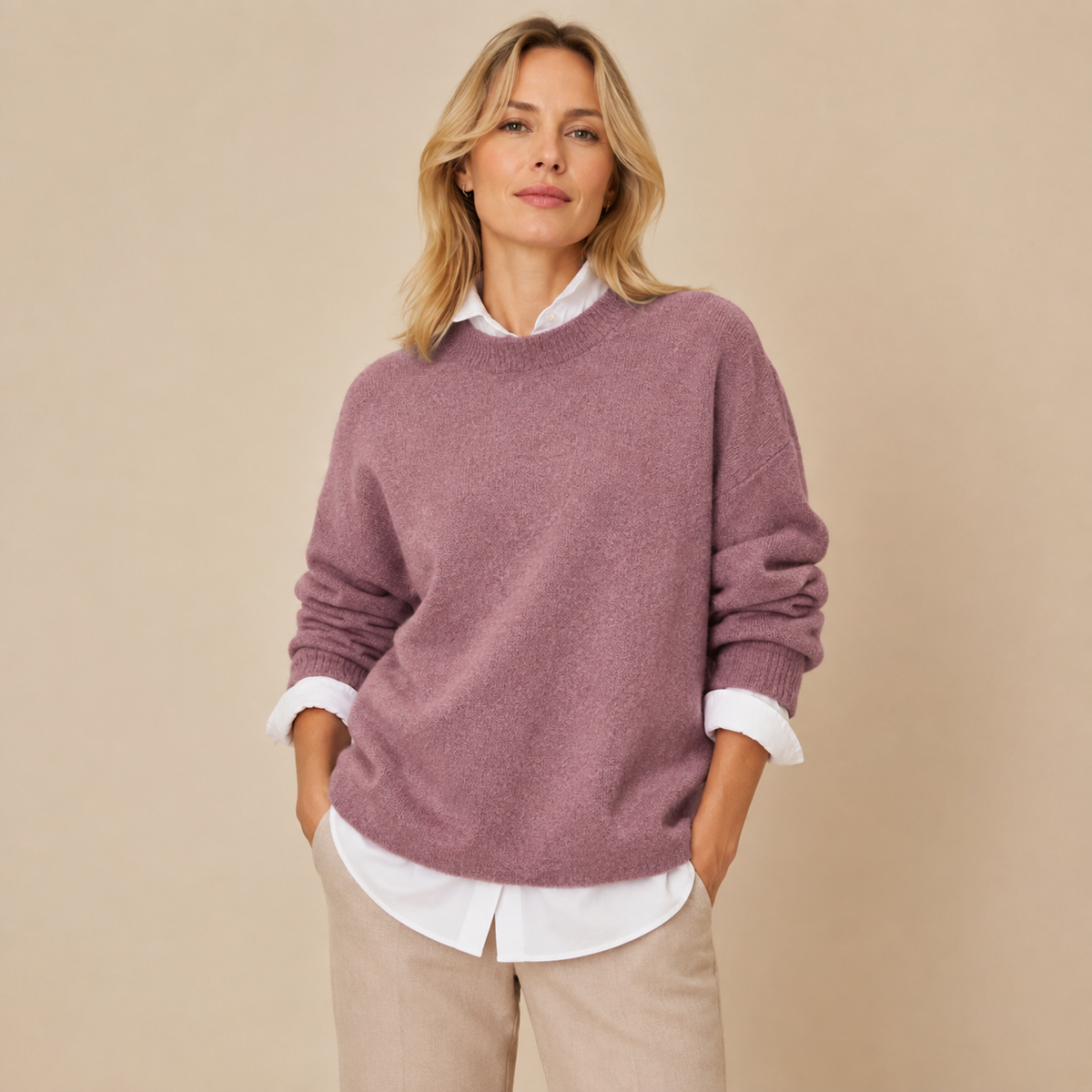 Damski sweter oversize z okrągłym dekoltem i długim rękawem