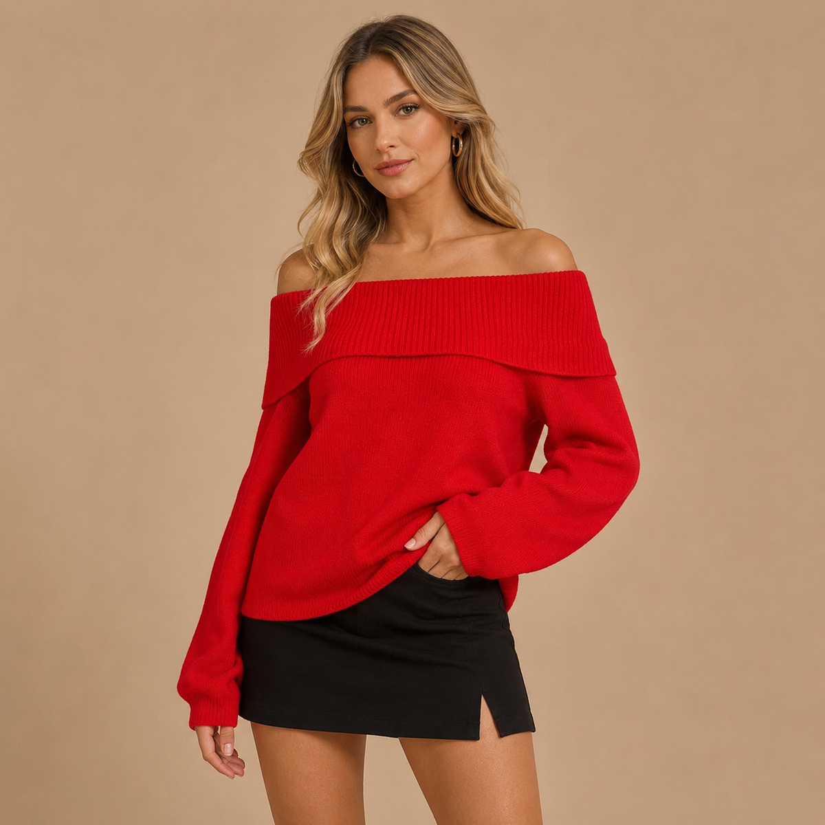 Damski sweter oversize z odkrytymi ramionami i długim rękawem