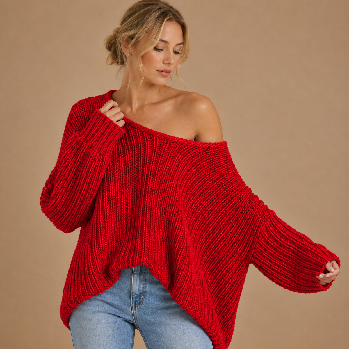 Damski sweter oversize z dekoltem łódka i luźnymi rękawami