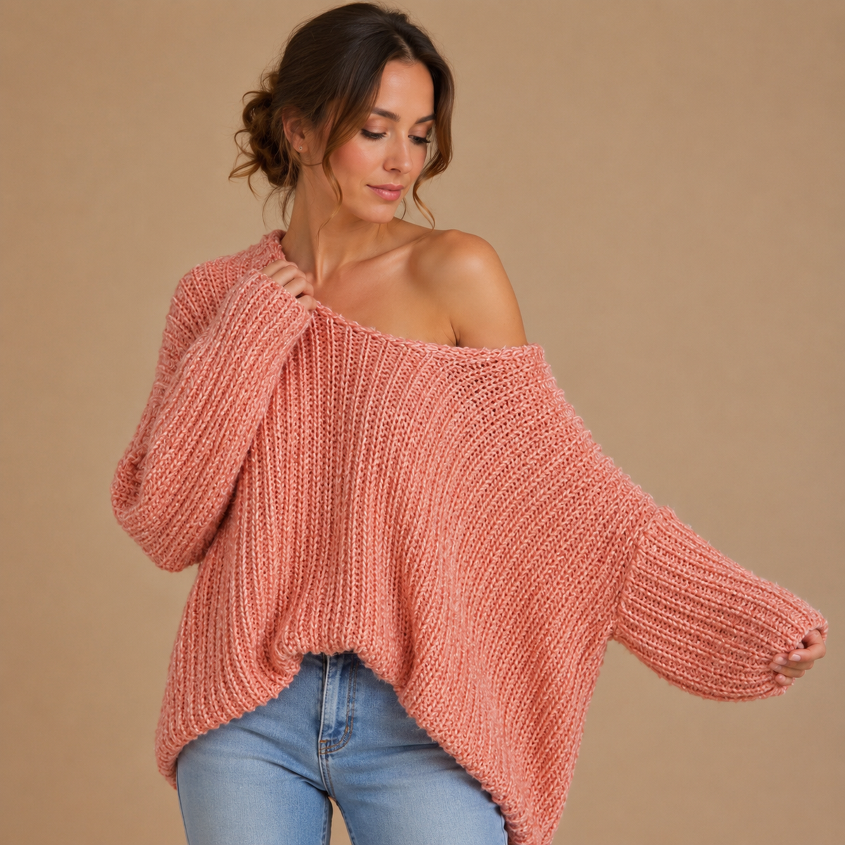 Damski sweter oversize z dekoltem łódka i luźnymi rękawami