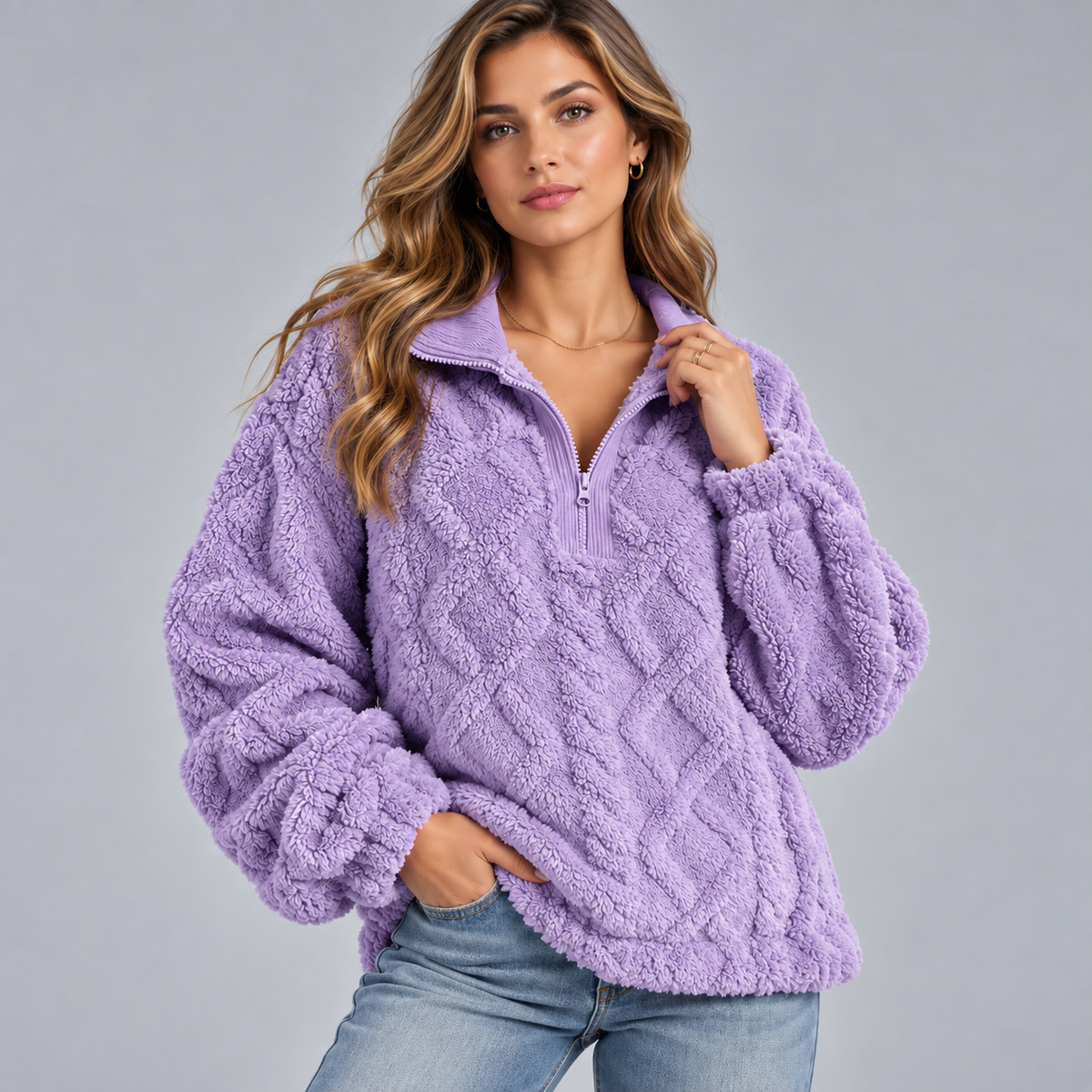 Damska bluza teddy z krótkim zamkiem i fasonem oversize