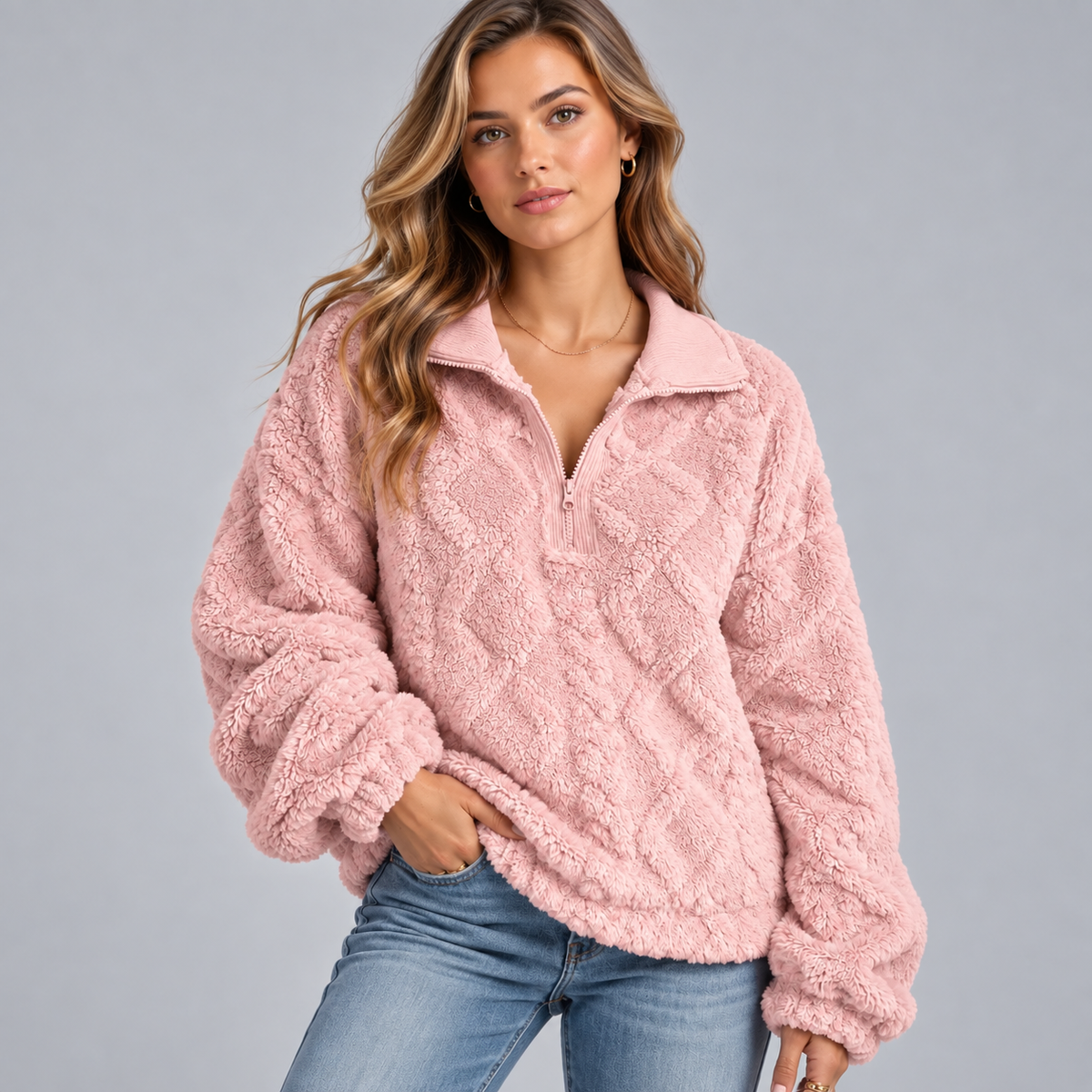 Damska bluza teddy z krótkim zamkiem i fasonem oversize