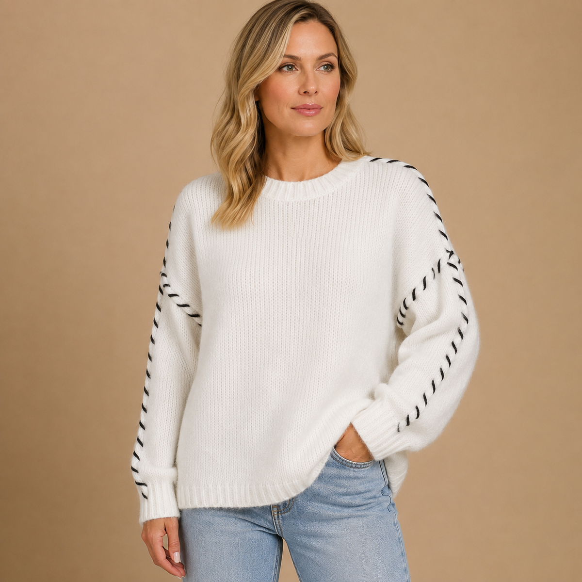 Iwona | Sweter damski oversize z kontrastowym przeszyciem