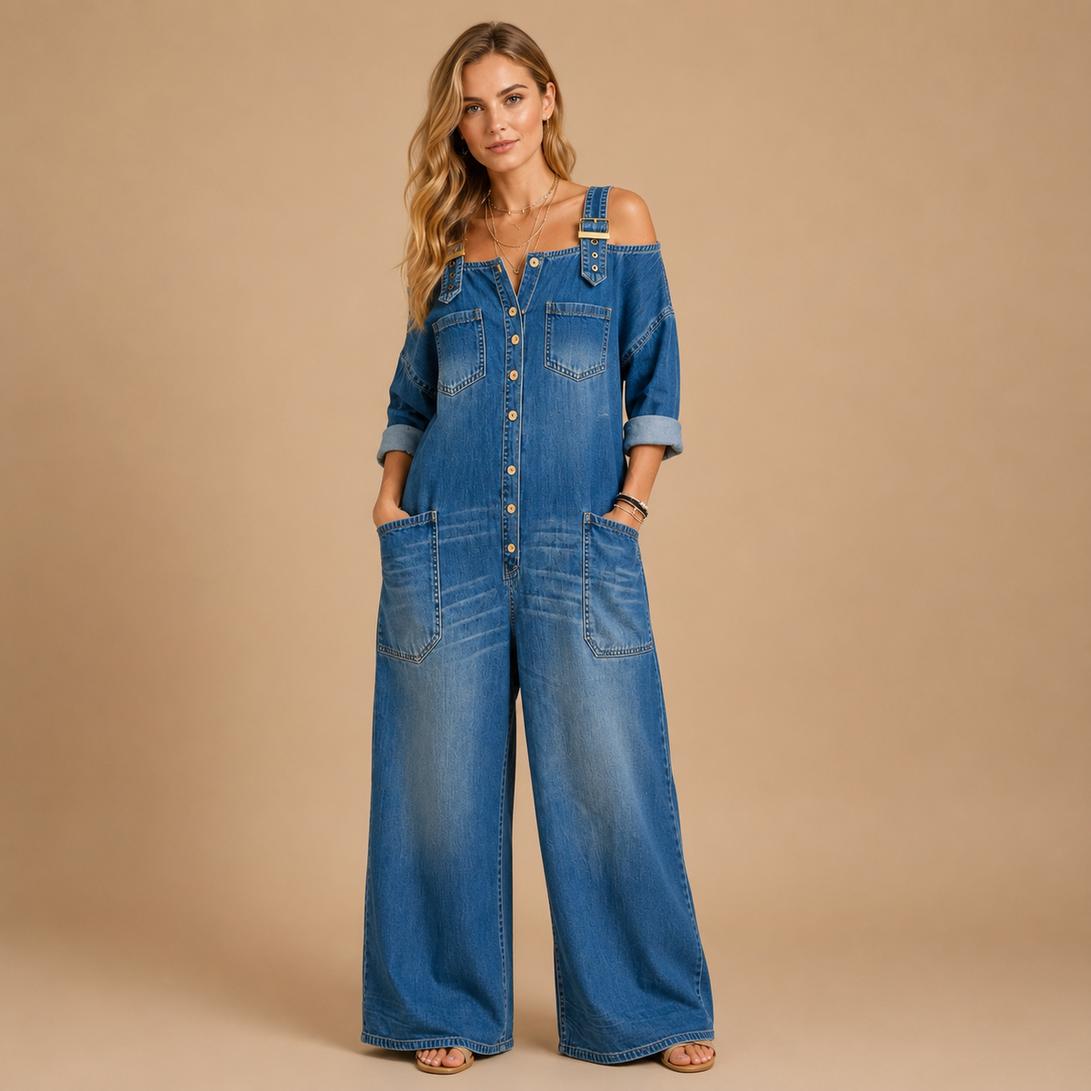 Patrycja | Jeansowy Kombinezon Oversize Z Szerokimi Nogawkami