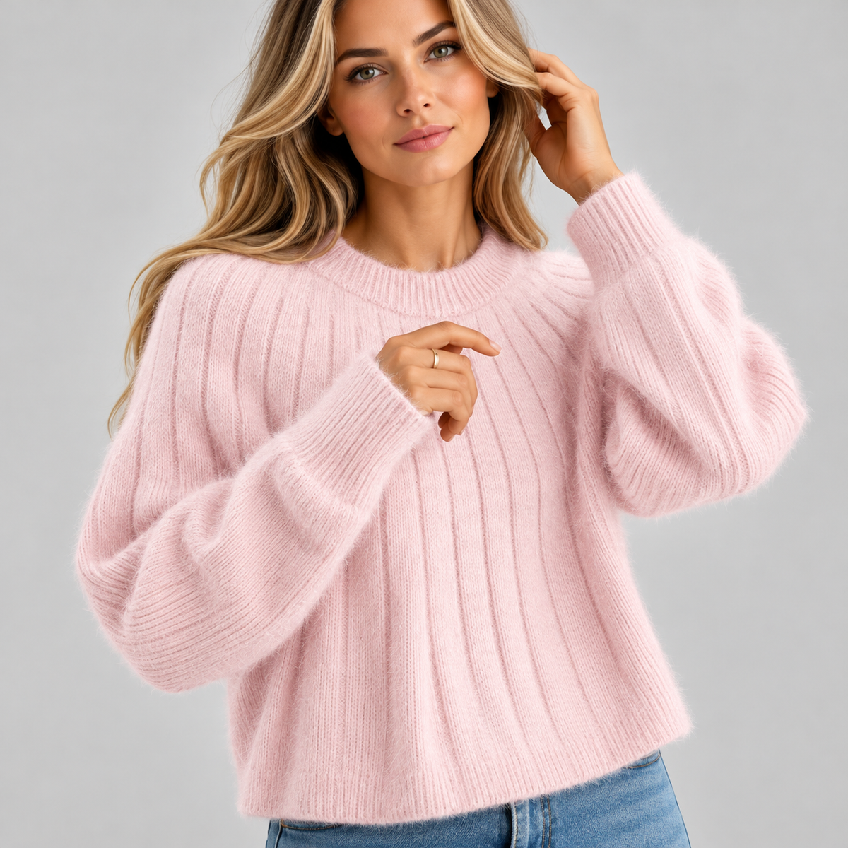 Sweter damski oversize prążkowany z okrągłym dekoltem