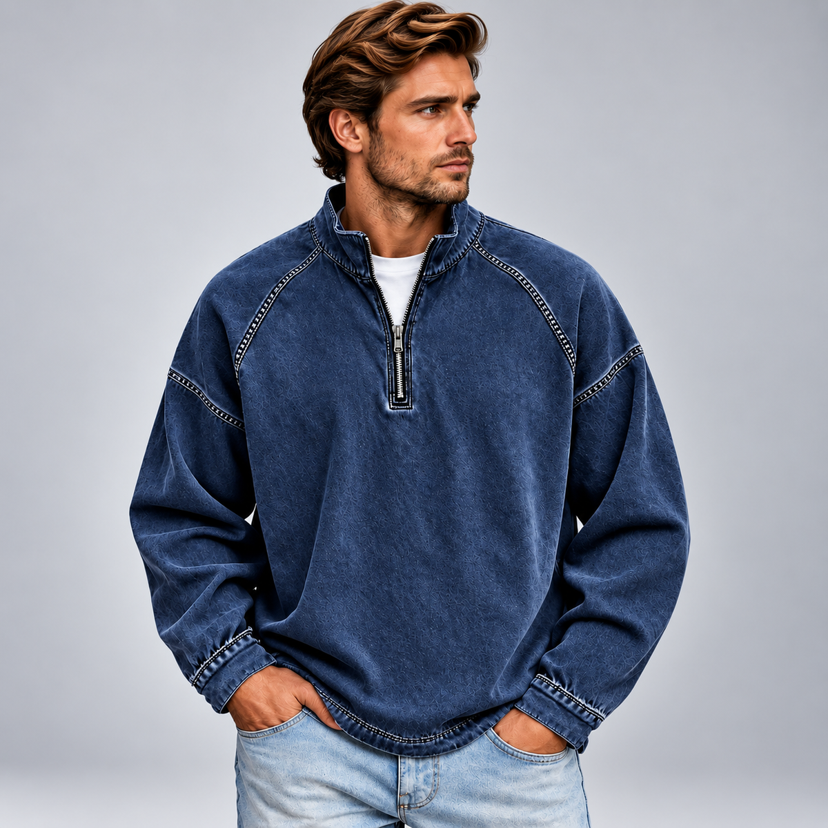 Męska bluza half zip ze stójką o luźnym kroju