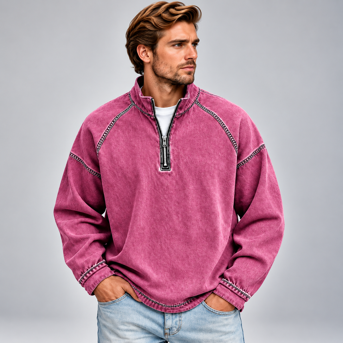 Męska bluza half zip ze stójką o luźnym kroju