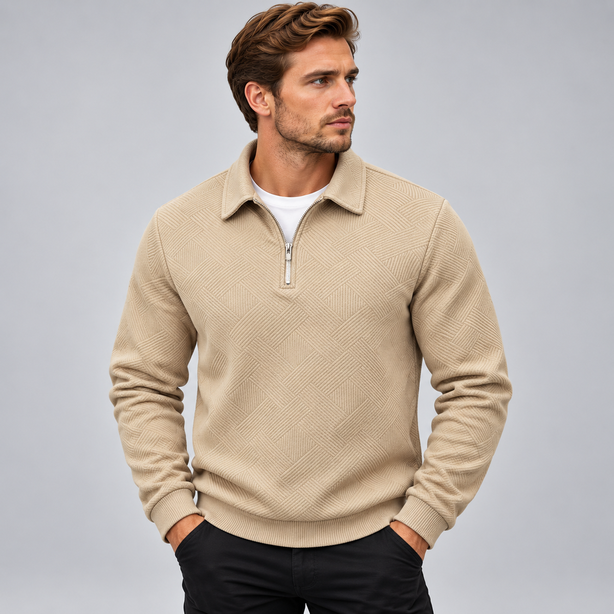 Męski sweter polo z krótkim zamkiem i strukturalnym wzorem